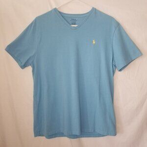 Polo Ralph Lauren Men L Blue Short Sleeve V-Neck Pullover T-Shirt Yellow Pony